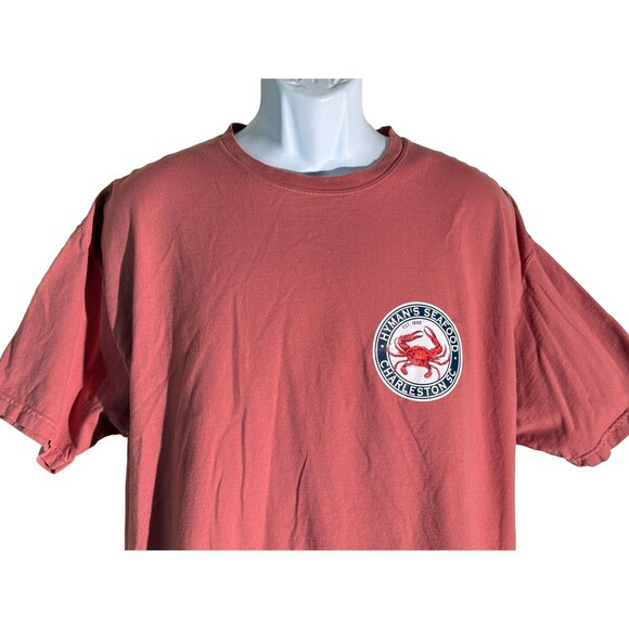 HYMAN'S SEAFOOD CHARLESTON SC Short Sleeve Pull-Over T-Shirt Peach XL - Picture 2 of 5